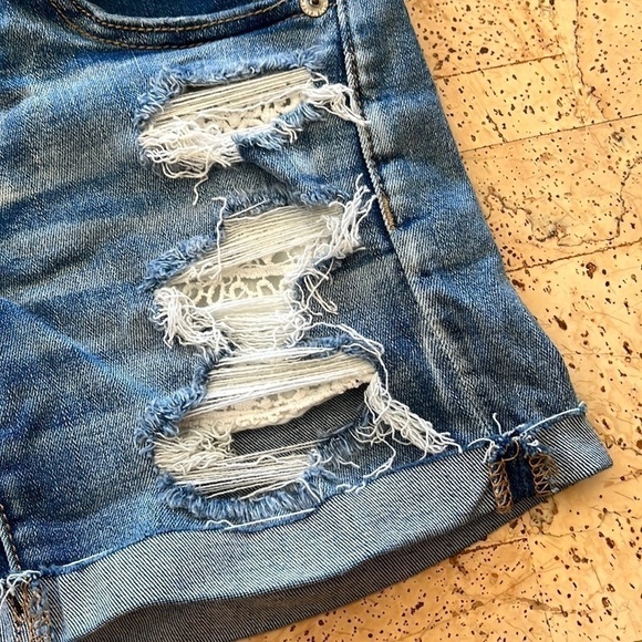 American Eagle Outfitters Next Level Stretch Blue Distressed Jean Midi Shorts - Picture 3 of 12